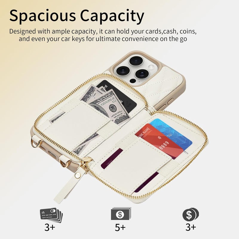 ZVE Compatible with iPhone 15 Pro Case Wallet for Women, PU Leather Shockproof Crossbody Phone Case with Card Holder for iPhone 15 Pro 6.1 Inch-Beige - Image 2